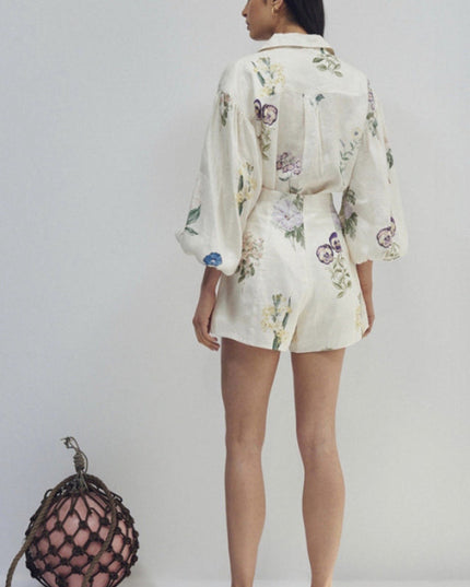 Rear view of the women's floral linen short set, displaying the continuous floral pattern on the top and shorts.