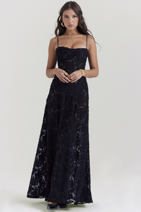 Front view of women's black floral corset maxi dress, showcasing the full skirt and textured floral details.