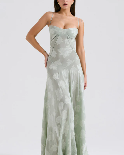 Full-length women's floral corset maxi dress in light sage green with spaghetti straps and sweetheart neckline.