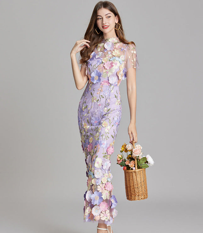 Elegant women's lavender floral embroidered sheer maxi prom dress, showcasing the intricate flower details and sheer fabric.