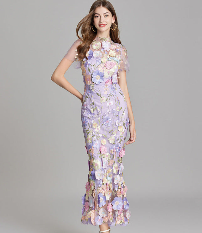 Women's lavender floral embroidered sheer maxi dress with short sleeves, a sophisticated prom dress option.