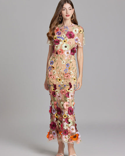 Women's multi-color floral embroidered sheer maxi prom dress, short sleeves, showcasing intricate detailing.