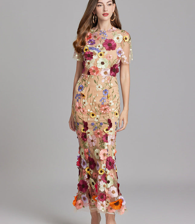 Women's multi-color floral embroidered sheer maxi prom dress, short sleeves, showcasing intricate detailing.