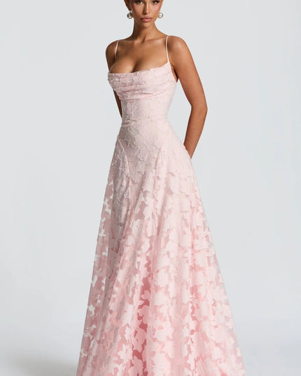 Front view of a women's pink floral jacquard maxi dress with a cowl neckline and elegant silhouette, suitable as a suit dress.
