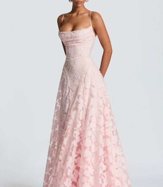 Front view of a women's pink floral jacquard maxi dress with a cowl neckline and elegant silhouette, suitable as a suit dress.