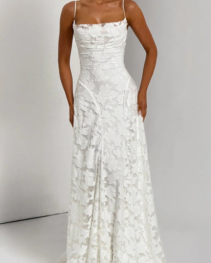 Front view of a women's white floral jacquard maxi dress with a cowl neck, ideal for wedding suits for women.