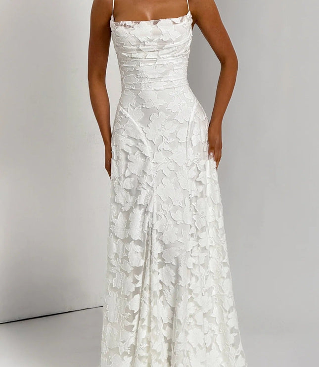 Front view of a women's white floral jacquard maxi dress with a cowl neck, ideal for wedding suits for women.