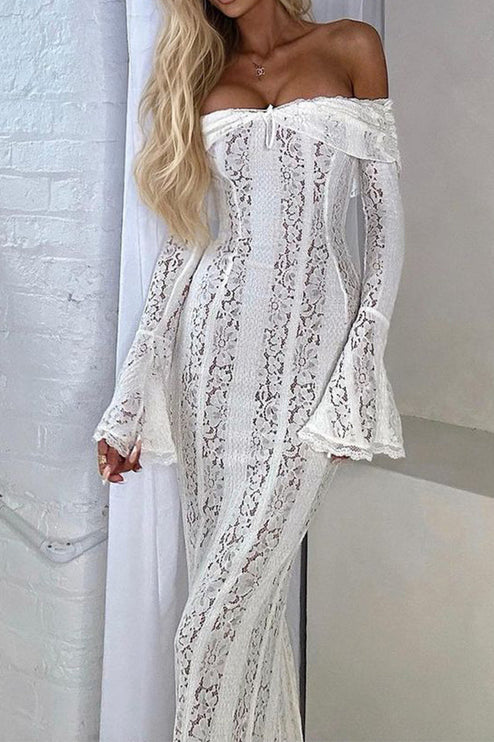 Side profile of the white floral lace off-shoulder long sleeve maxi dress, showcasing the intricate lace pattern and bell sleeves.