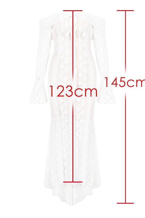 Measurement guide for the white floral lace off-shoulder long sleeve maxi dress, showing length of 145cm and sleeve length of 123cm.