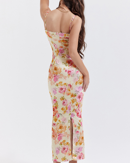 Rear view of the women's floral maxi dress, highlighting the back detail and length of the garment.
