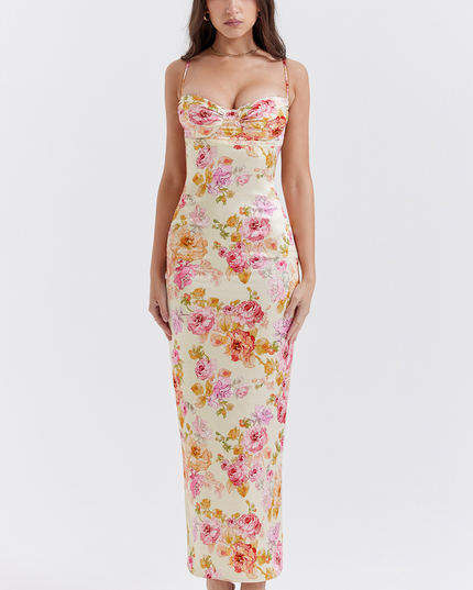 Women's floral lace trim sweetheart neck maxi dress in light yellow with pink and orange flowers, full length view.