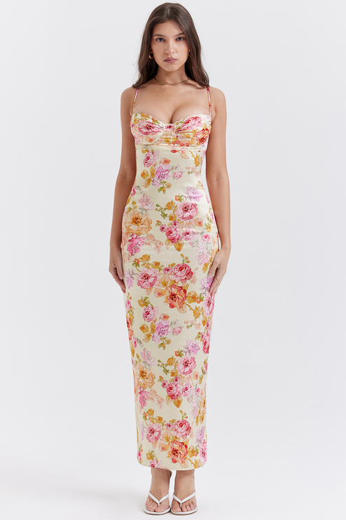 Women's floral lace trim sweetheart neck maxi dress in light yellow with pink and orange flowers, full length view.