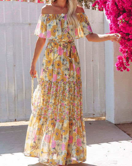 Women's off-shoulder ruffled floral maxi dress in a vibrant yellow with pink and orange sunflower patterns, for summer.