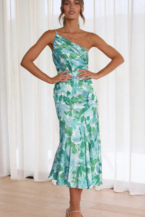 Front view of women's floral one shoulder ruched bust midi dress in green and light blue.