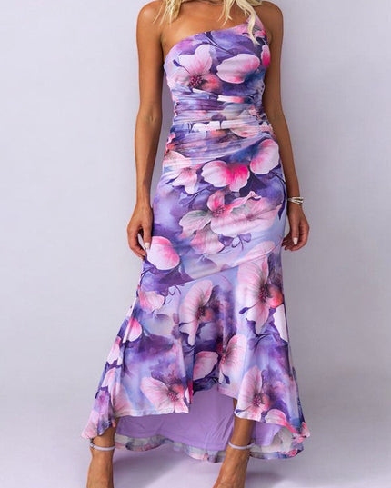 Women Floral Print One Shoulder Asymmetrical Maxi Dress - product image 2