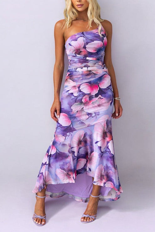 Women Floral Print One Shoulder Asymmetrical Maxi Dress - product image 2