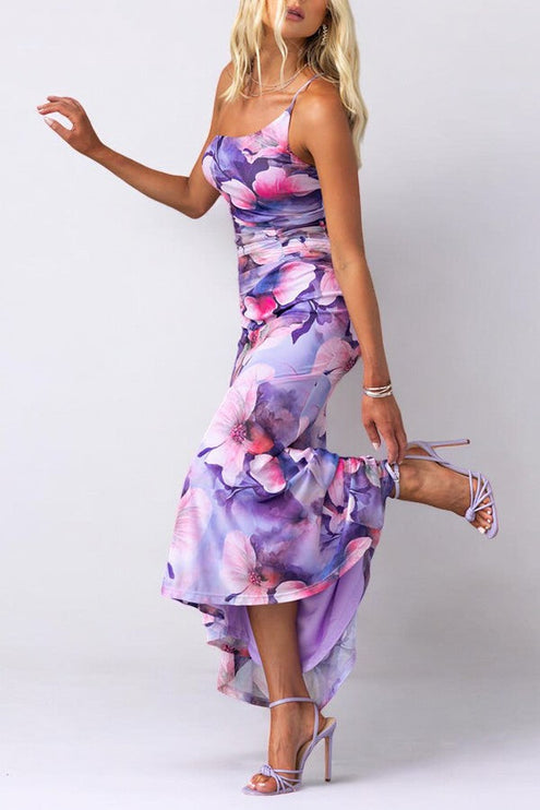 Women Floral Print One Shoulder Asymmetrical Maxi Dress - product image 3