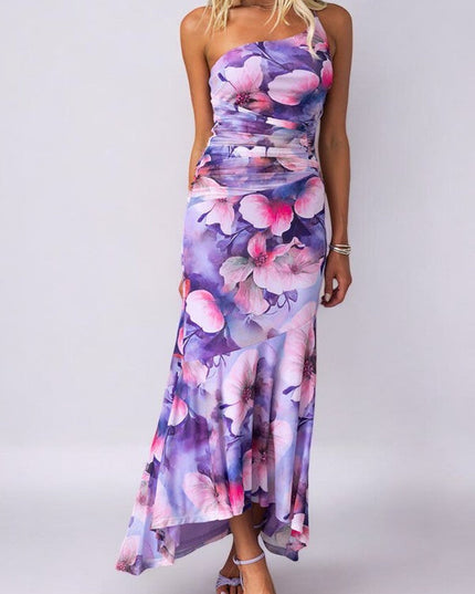 Women Floral Print One Shoulder Asymmetrical Maxi Dress - product image 1