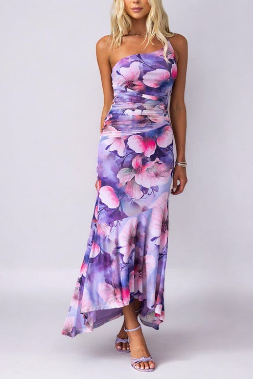 Women Floral Print One Shoulder Asymmetrical Maxi Dress - product image 1