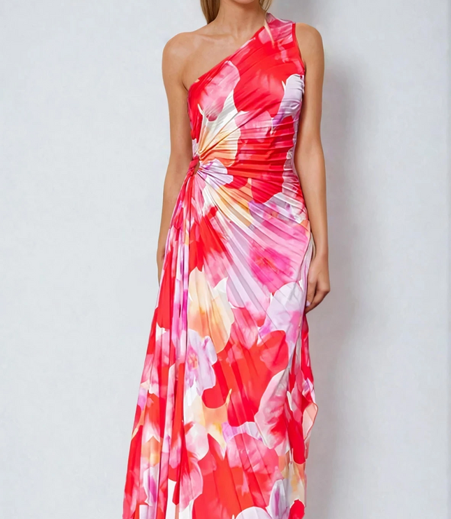 Women's elegant floral print one-shoulder maxi dress in red, pink, and white, with a cinched waist detail.