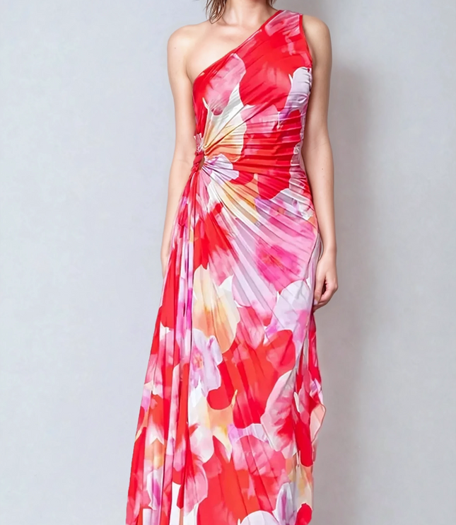 Full front view of a women's red and pink floral print one-shoulder maxi dress with elegant pleated details.