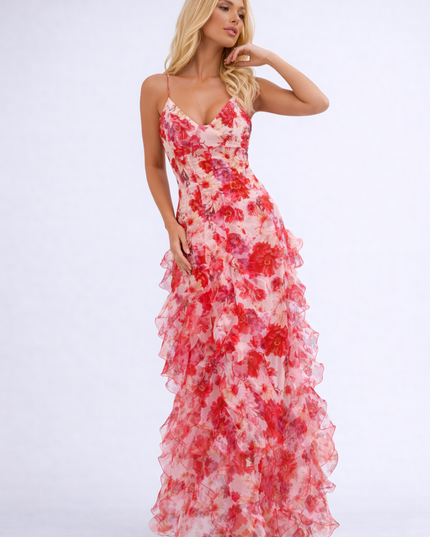 Full-length women's floral print maxi dress with red and pink ruffles, spaghetti straps, and a v-neckline.