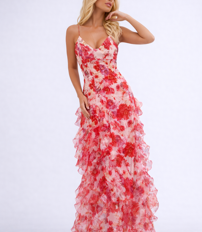 Full-length women's floral print maxi dress with red and pink ruffles, spaghetti straps, and a v-neckline.