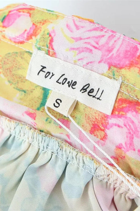 Product tag on the floral print tie shoulder mini dress, showing 'For Love Bell' brand and size 'S'.