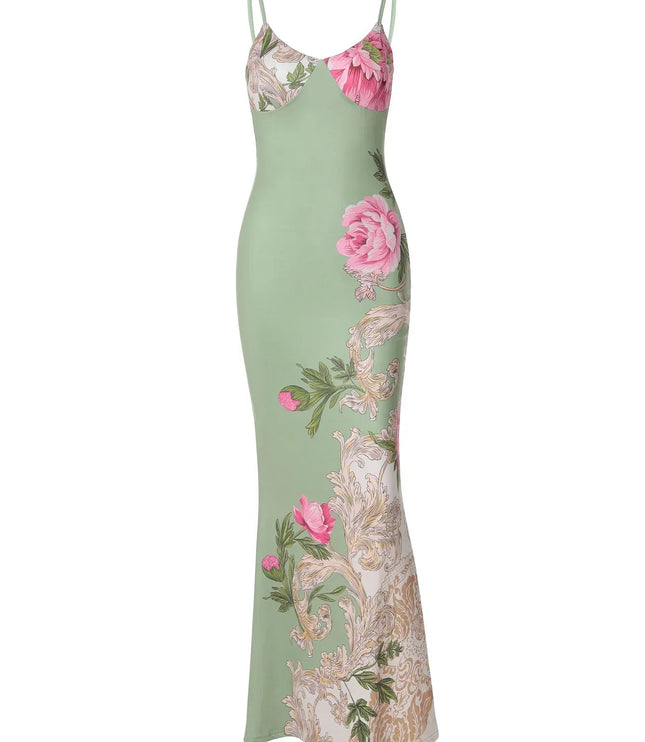 Front view of a green floral print V-neck maxi dress with pink roses and gold baroque patterns on a white background.