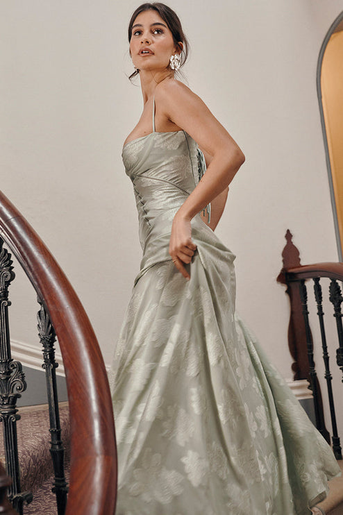 Close-up side view of women's sage green floral printed maxi dress, highlighting the fabric and details.