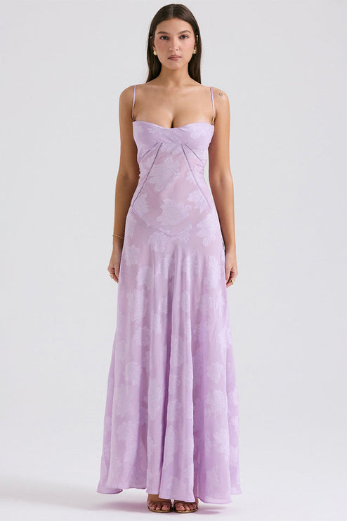 Full-length view of a women's floral printed sweetheart neck maxi dress in light lavender with spaghetti straps, for spring.