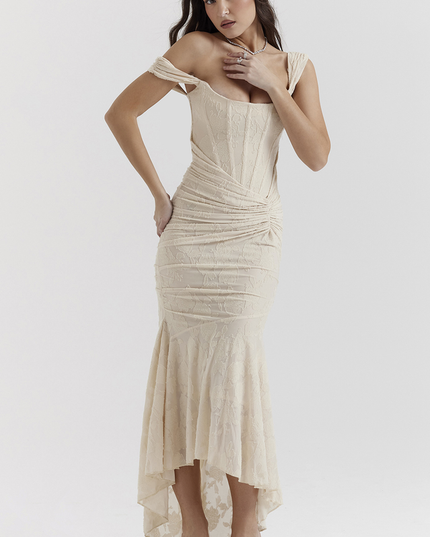 Cream floral ruched off-shoulder maxi dress with a corset bodice and high-low hem, shown from the front.