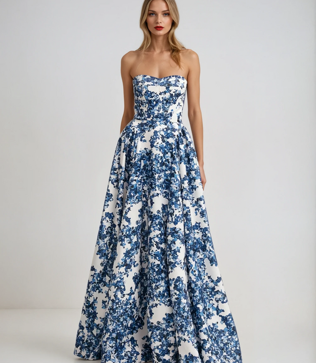 Full length view of a women's strapless formal maxi dress with a blue and white floral print, featuring a full A-line skirt.