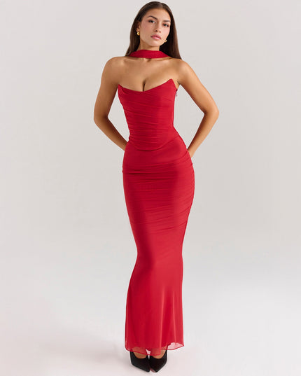 Red women's strapless ruched maxi dress with sweetheart neckline and choker detail, front view.