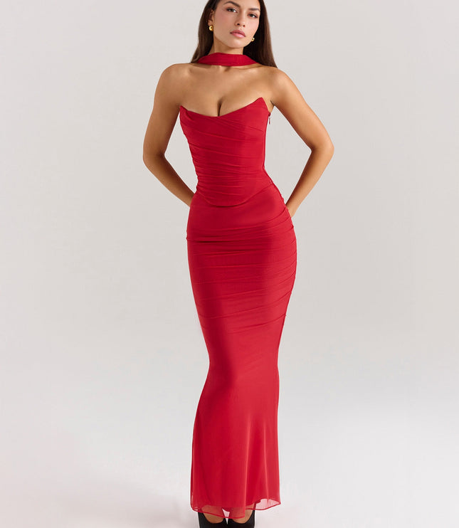 Red women's strapless ruched maxi dress with sweetheart neckline and choker detail, front view.