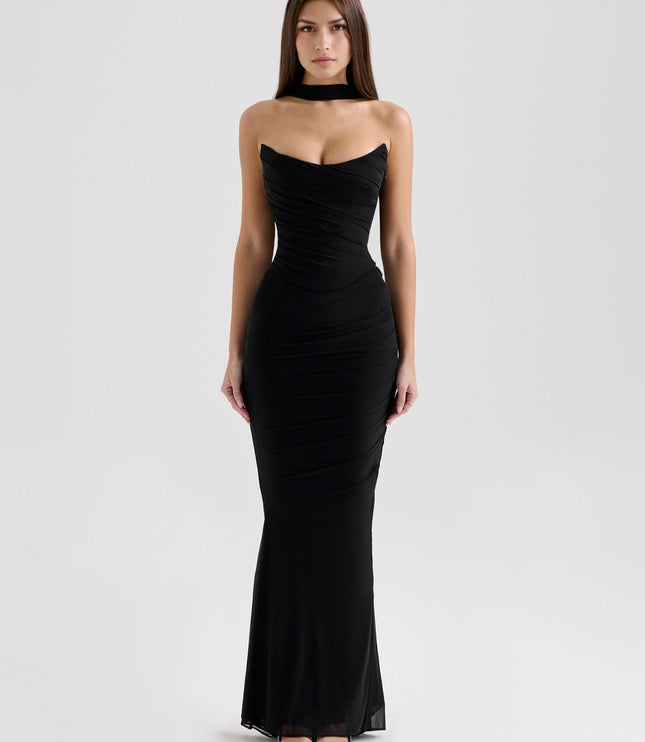 Black women's strapless ruched maxi dress with sweetheart neckline and choker, full front view.