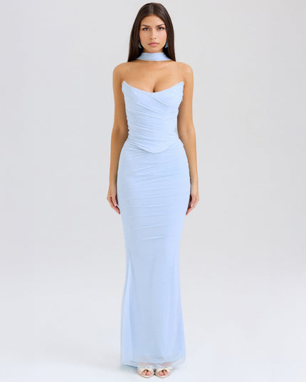 Full-length view of a light blue strapless ruched maxi dress, featuring a matching choker and elegant silhouette.