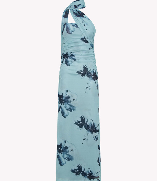 Side view of the light blue floral strapless ruched maxi dress, showcasing the full length and dark blue flower pattern.