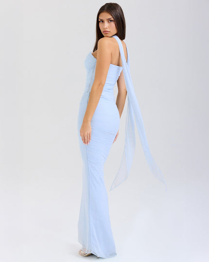 Back view of the light blue strapless ruched maxi dress, showcasing the long flowing sheer panel from the back.
