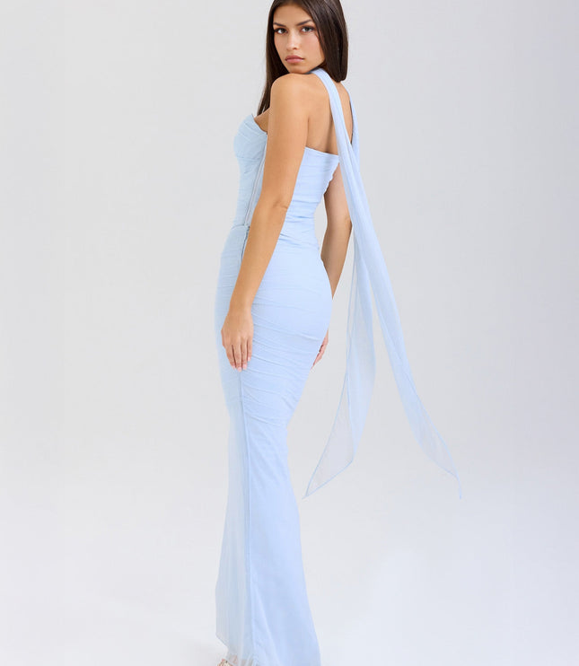 Back view of the light blue strapless ruched maxi dress, showcasing the long flowing sheer panel from the back.