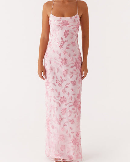 Full front view of the light pink floral maxi dress, showcasing the intricate beading and straight neckline.