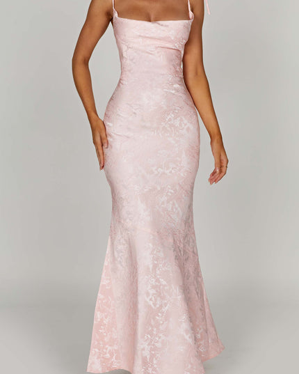 Frontal view of the women's pink floral tie-strap maxi dress, highlighting the intricate pattern and floor-length design.