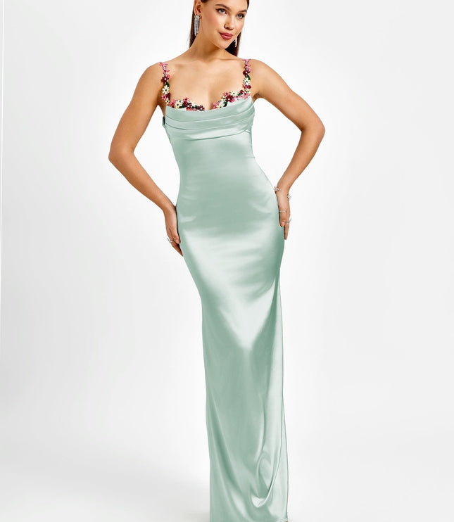 Front view of a women's formal light mint green maxi dress, showcasing the elegant cowl neck and floral strap details.