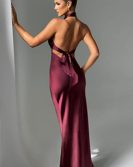 Rear view of a formal burgundy maxi dress with a low back and tie detail, showcasing the elegant silhouette.