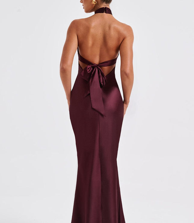 Full back view of the women's formal burgundy maxi dress, showing the low back and tie closure clearly.
