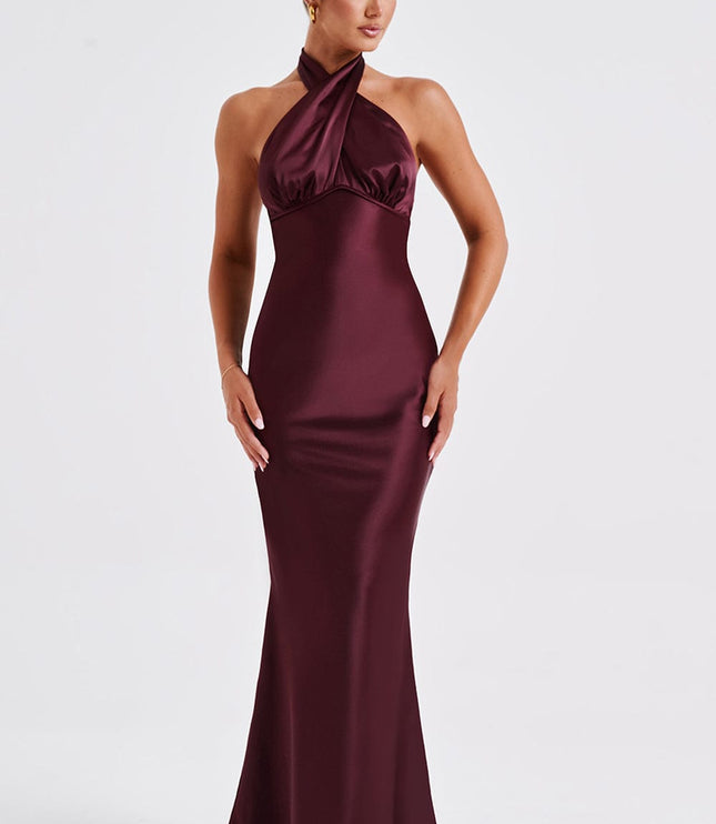 Frontal full-length view of a women's burgundy formal halter neck dress, for special occasions.