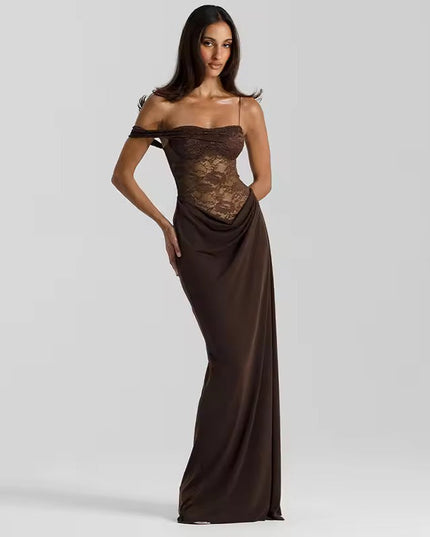 Front view of a woman posing in a brown off-shoulder lace corset maxi dress with draped detailing.