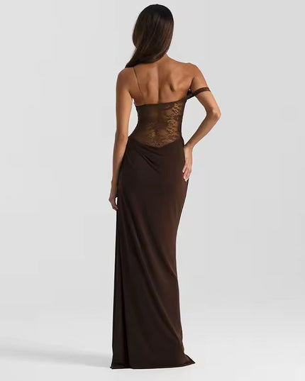 Back view of a woman in a brown off-shoulder lace corset maxi dress, highlighting the intricate lace detail on the back.