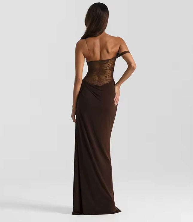 Back view of a woman in a brown off-shoulder lace corset maxi dress, highlighting the intricate lace detail on the back.