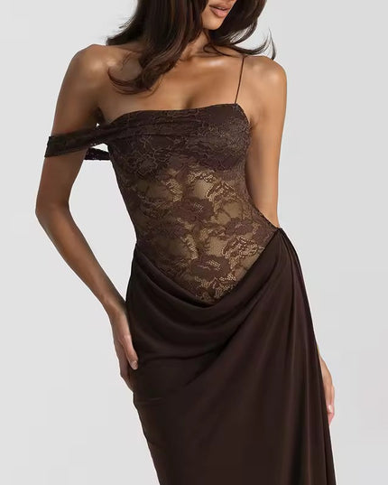 Close-up of the bodice of a brown off-shoulder lace corset maxi dress, showing the lace texture and draped fabric.